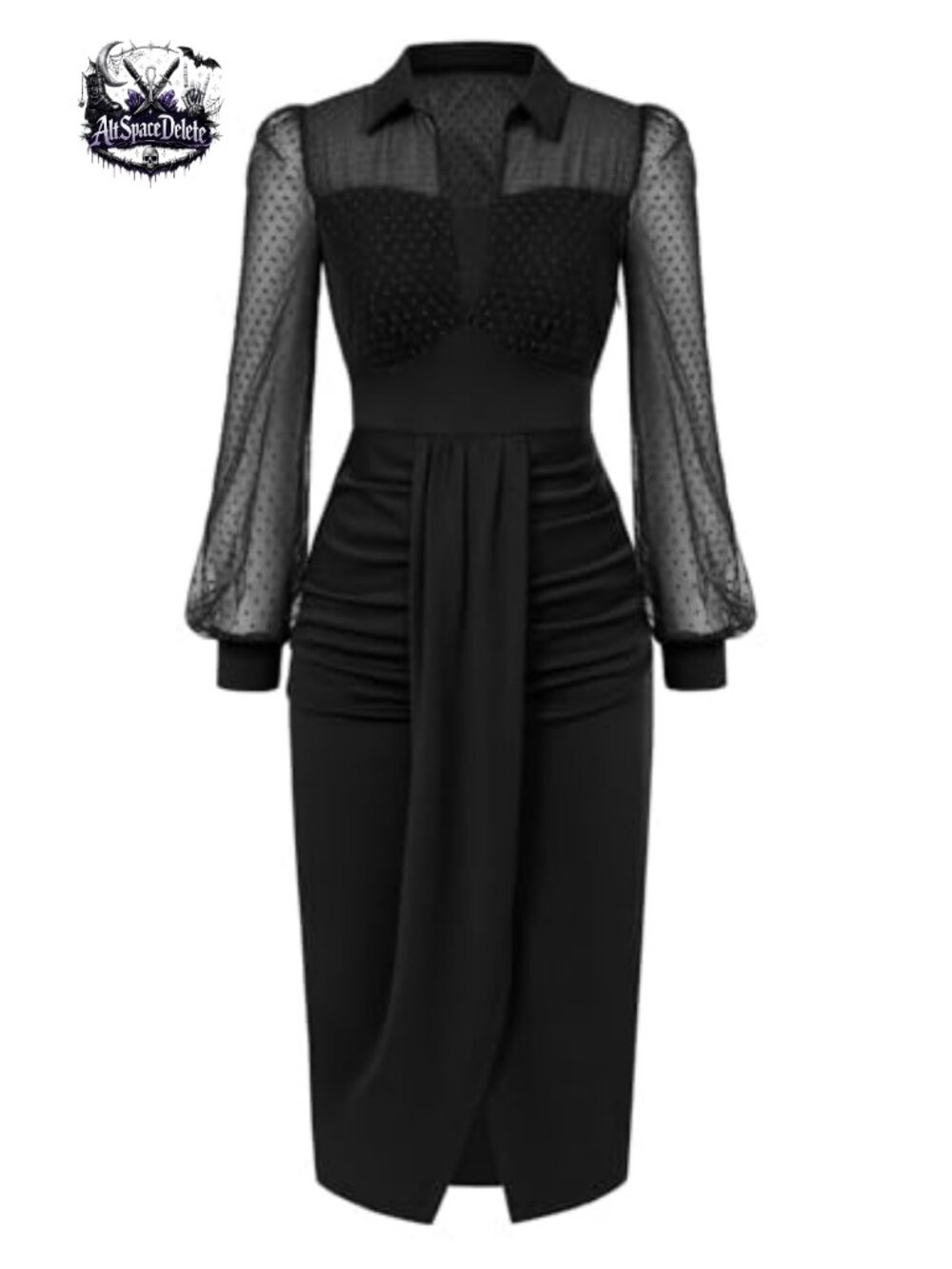 Vintage Mesh Long Sleeve Ruched Midi Dress Bodycon Cocktail Party